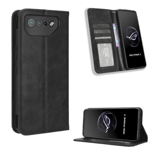 For ASUS ROG Phone 7 Magnetic Buckle Retro Texture Leather Phone Case(Black) - free shipping - PMC Jewellery - Order now!