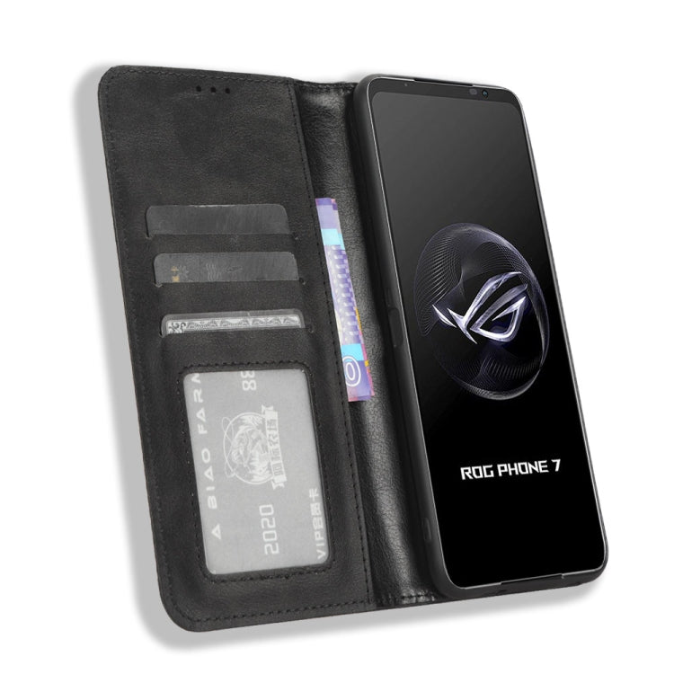 For ASUS ROG Phone 7 Magnetic Buckle Retro Texture Leather Phone Case(Black)