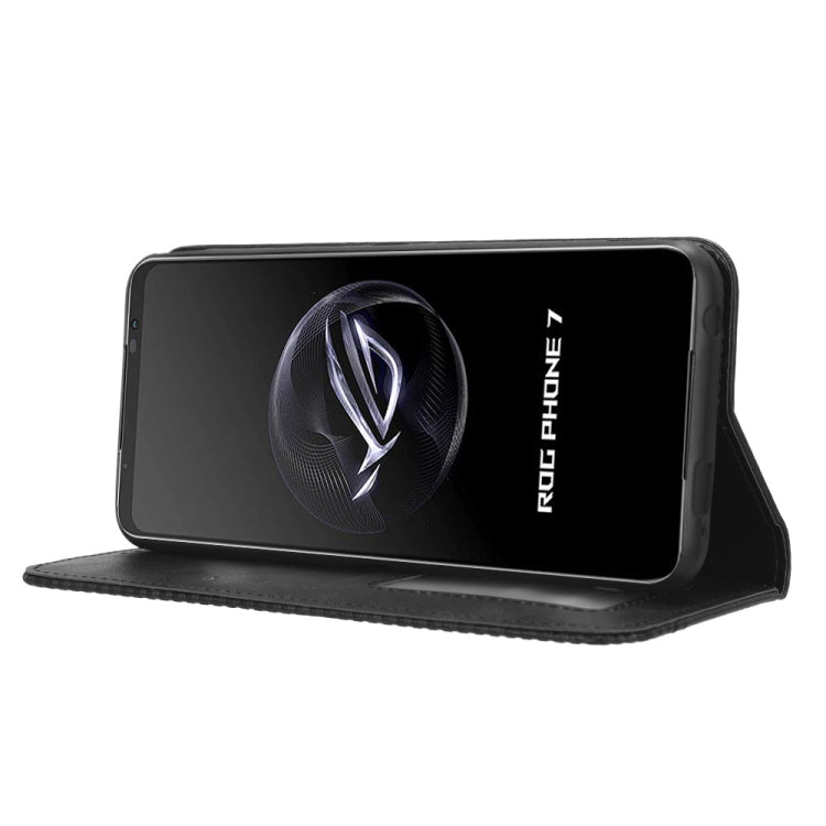 For ASUS ROG Phone 7 Magnetic Buckle Retro Texture Leather Phone Case(Black)