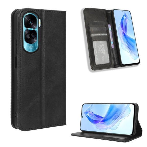 For Honor X50i Big Hole / 90 Lite Magnetic Buckle Retro Texture Leather Phone Case(Black)