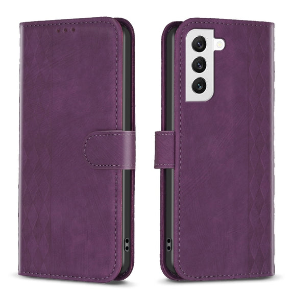 For Samsung Galaxy S22 5G Plaid Embossed Leather Phone Case(Purple)