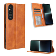 For Sony Xperia 1 V Magnetic Buckle Retro Texture Leather Phone Case(Brown)