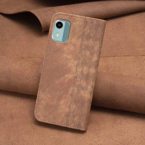 For Nokia C12 Plaid Embossed Leather Phone Case(Brown)