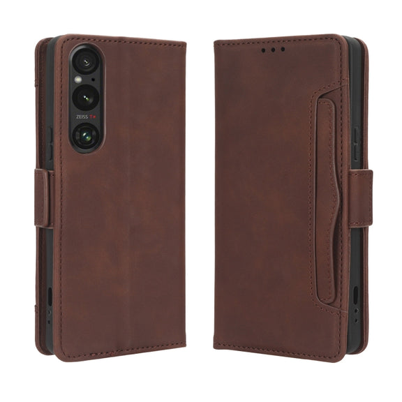 For Sony Xperia 1 V Skin Feel Calf Texture Card Slots Leather Phone Case(Brown)