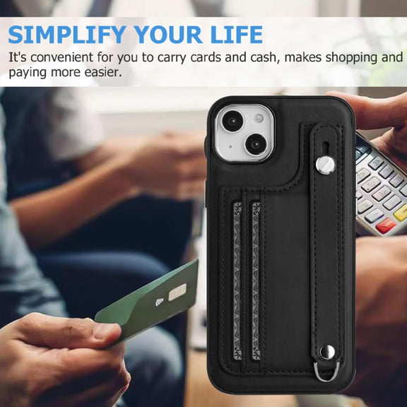 For iPhone 14 Plus Shockproof Leather Phone Case with Wrist Strap(Black)