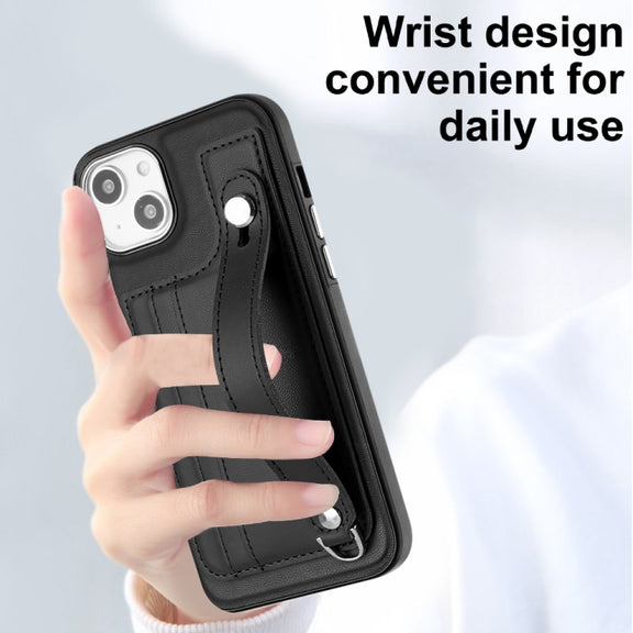 For iPhone 14 Plus Shockproof Leather Phone Case with Wrist Strap(Black)