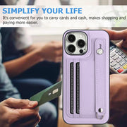 For iPhone 14 Pro Max Shockproof Leather Phone Case with Wrist Strap(Purple)