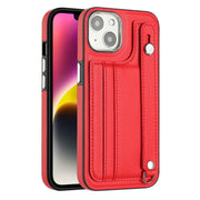 For iPhone 13 Shockproof Leather Phone Case with Wrist Strap(Red)
