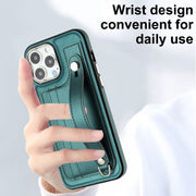 For iPhone 13 Pro Max Shockproof Leather Phone Case with Wrist Strap(Green)
