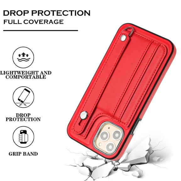 For iPhone 11 Pro Shockproof Leather Phone Case with Wrist Strap(Red)
