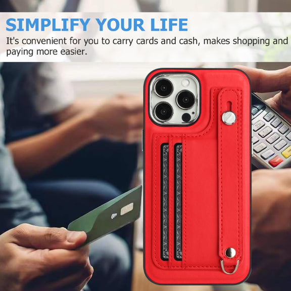 For iPhone 15 Pro Max Shockproof Leather Phone Case with Wrist Strap(Red)