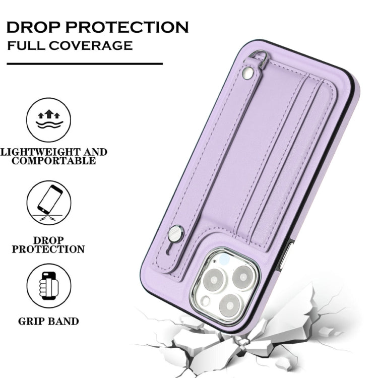 For iPhone 15 Pro Shockproof Leather Phone Case with Wrist Strap(Purple)