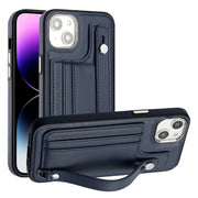 For iPhone 15 Plus Shockproof Leather Phone Case with Wrist Strap(Blue)