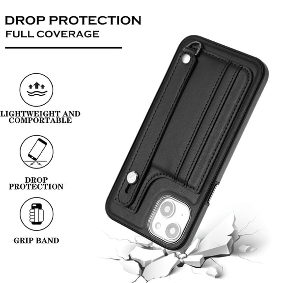 For iPhone 15 Shockproof Leather Phone Case with Wrist Strap(Black)