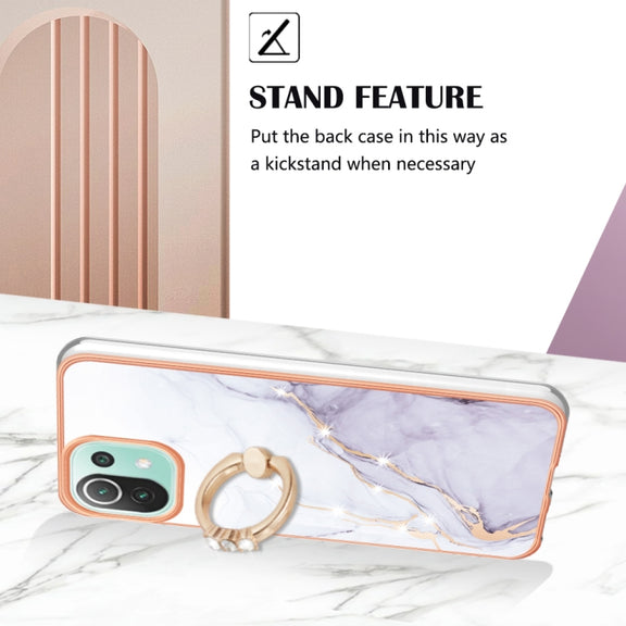 For Xiaomi Mi 11 Lite Electroplating Marble IMD TPU Phone Case with Ring Holder(White 006)