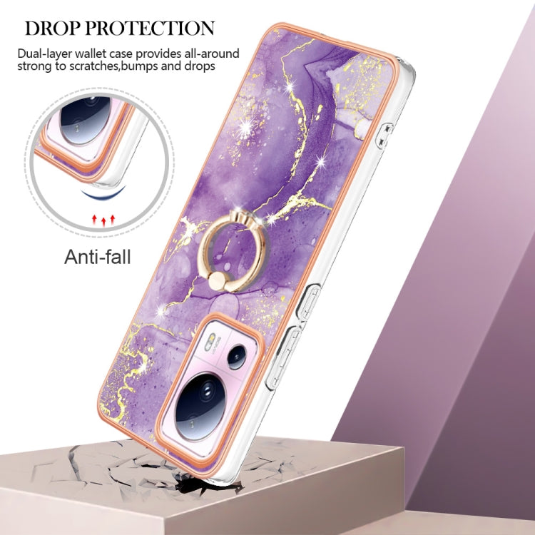 For Xiaomi 13 Lite 5G Electroplating Marble IMD TPU Phone Case with Ring Holder(Purple 002)