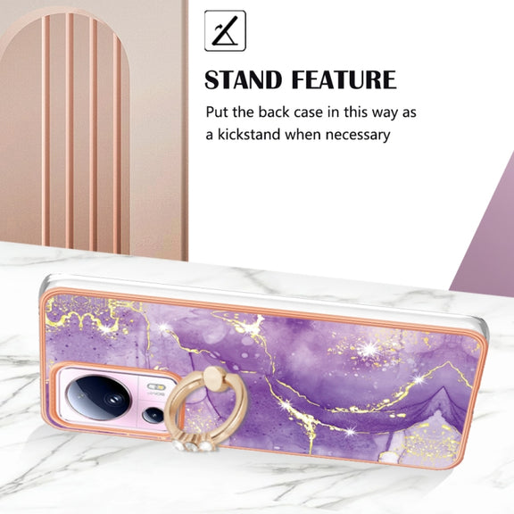 For Xiaomi 13 Lite 5G Electroplating Marble IMD TPU Phone Case with Ring Holder(Purple 002)