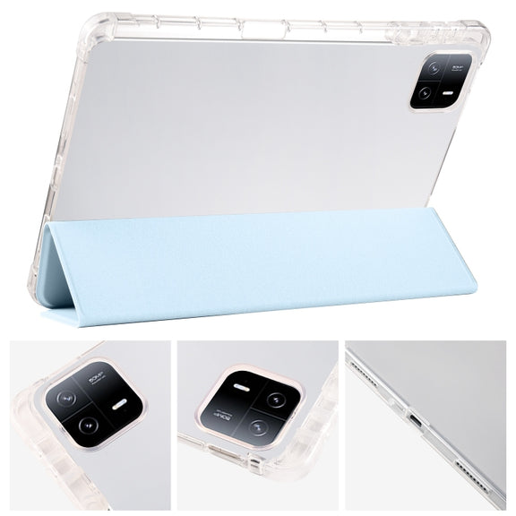 For Xiaomi Pad 6 / 6 Pro 3-fold Clear TPU Smart Leather Tablet Case with Pen Slot(Ice Blue)