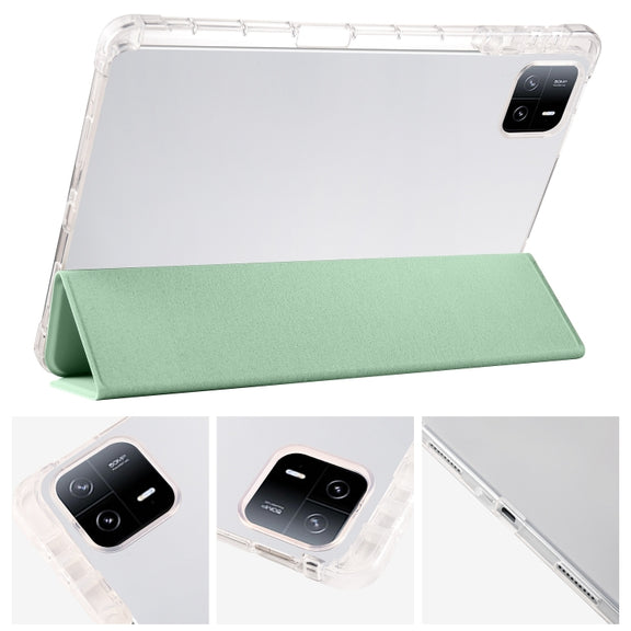 For Xiaomi Pad 6 / 6 Pro 3-fold Clear TPU Smart Leather Tablet Case with Pen Slot(Green)