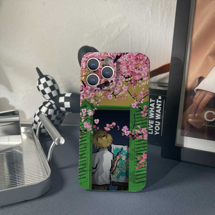 For iPhone 13 Precise Hole Oil Painting Pattern PC Phone Case(Peach Blossom)