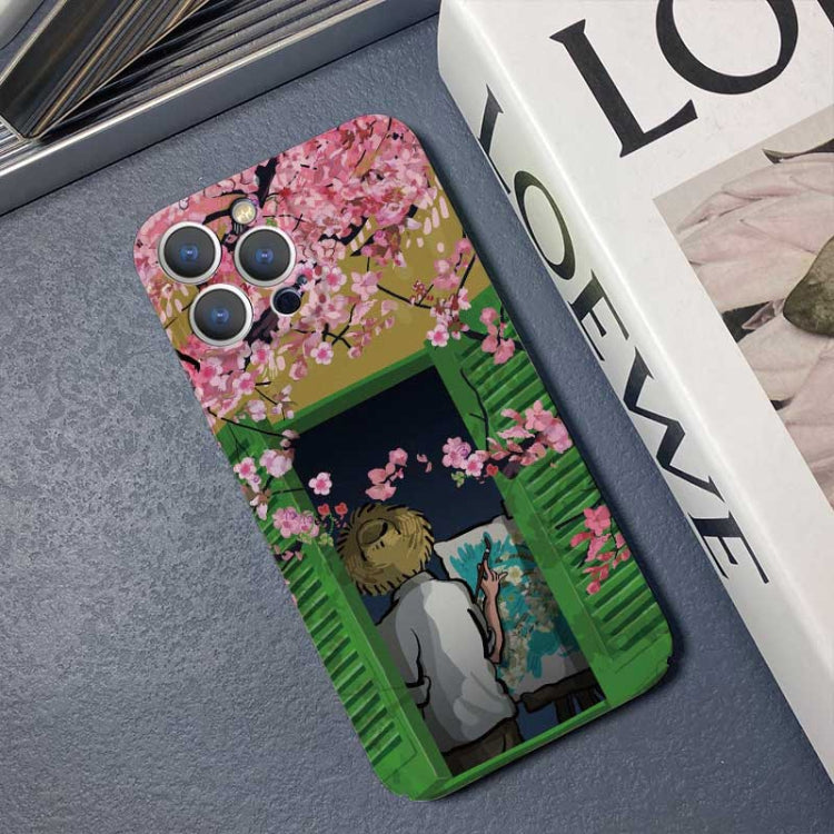 For iPhone 13 Precise Hole Oil Painting Pattern PC Phone Case(Peach Blossom)