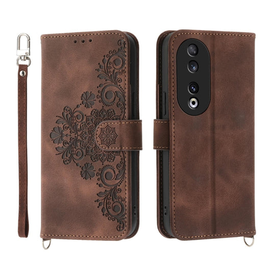 For Honor 90 5G Skin Feel Flowers Embossed Wallet Leather Phone Case(Brown) - free shipping - PMC Jewellery - Order now!