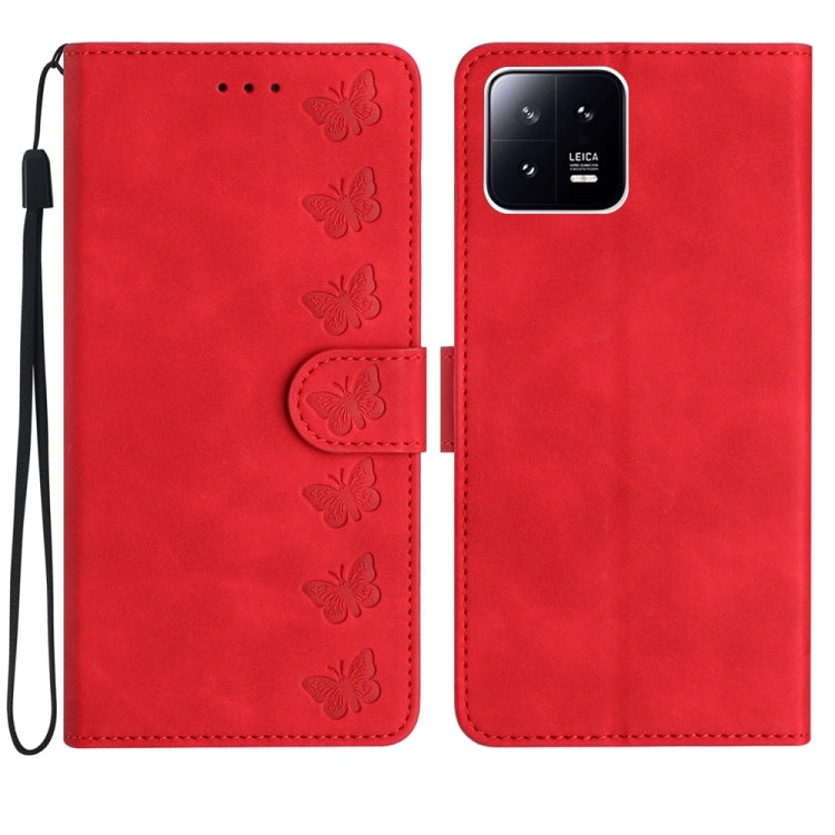 For Xiaomi 13 Seven Butterflies Embossed Leather Phone Case(Red) - free shipping - PMC TechLife - Order now!