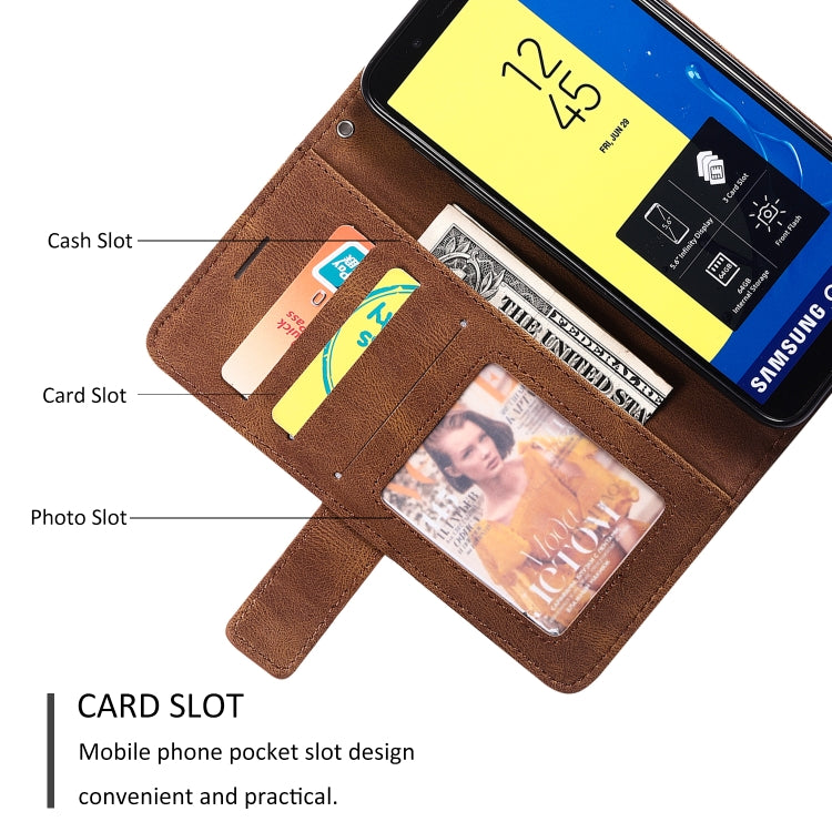 For Samsung Galaxy J6 Skin Feel Splicing Horizontal Flip Leather Case with Holder & Card Slots & Wallet & Photo Frame(Brown) - free shipping - PMC TechLife - Order now!