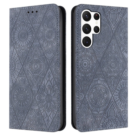 For Samsung Galaxy S23 Ultra 5G Ethnic Embossed Adsorption Leather Phone Case(Grey)