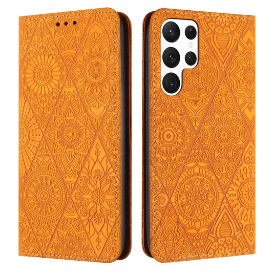 For Samsung Galaxy S22 Ultra 5G Ethnic Embossed Adsorption Leather Phone Case(Yellow) - free shipping - PMC Jewellery - Order now!