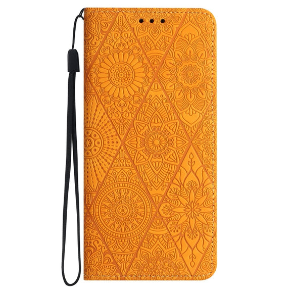 For Samsung Galaxy S22 Ultra 5G Ethnic Embossed Adsorption Leather Phone Case(Yellow)