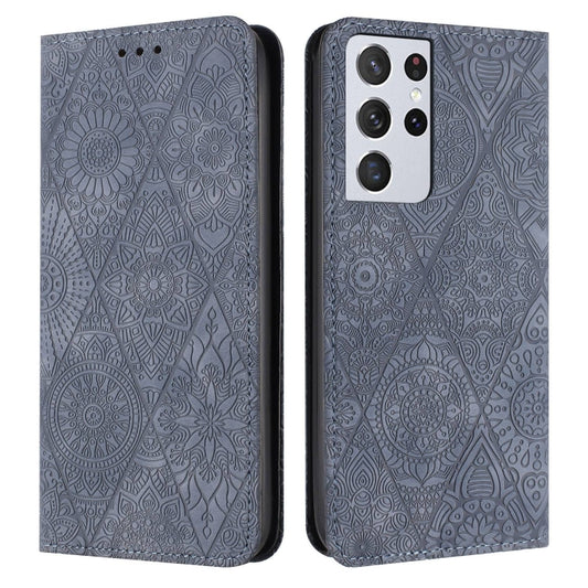 For Samsung Galaxy S21 Ultra 5G Ethnic Embossed Adsorption Leather Phone Case(Grey) - free shipping - PMC Jewellery - Order now!