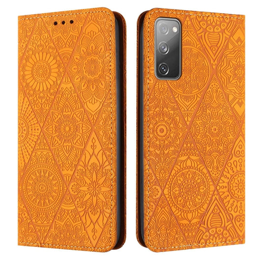 For Samsung Galaxy S20 FE Ethnic Embossed Adsorption Leather Phone Case(Yellow) - free shipping - PMC Jewellery - Order now!