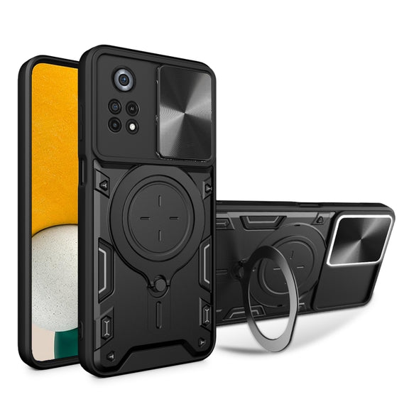 For Xiaomi Poco X4 Pro 5G CD Texture Sliding Camshield Magnetic Holder Phone Case(Black)