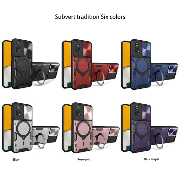 For Xiaomi Poco X4 Pro 5G CD Texture Sliding Camshield Magnetic Holder Phone Case(Silver)