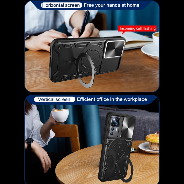 For Xiaomi 12T / 12T Pro CD Texture Sliding Camshield Magnetic Holder Phone Case(Black)