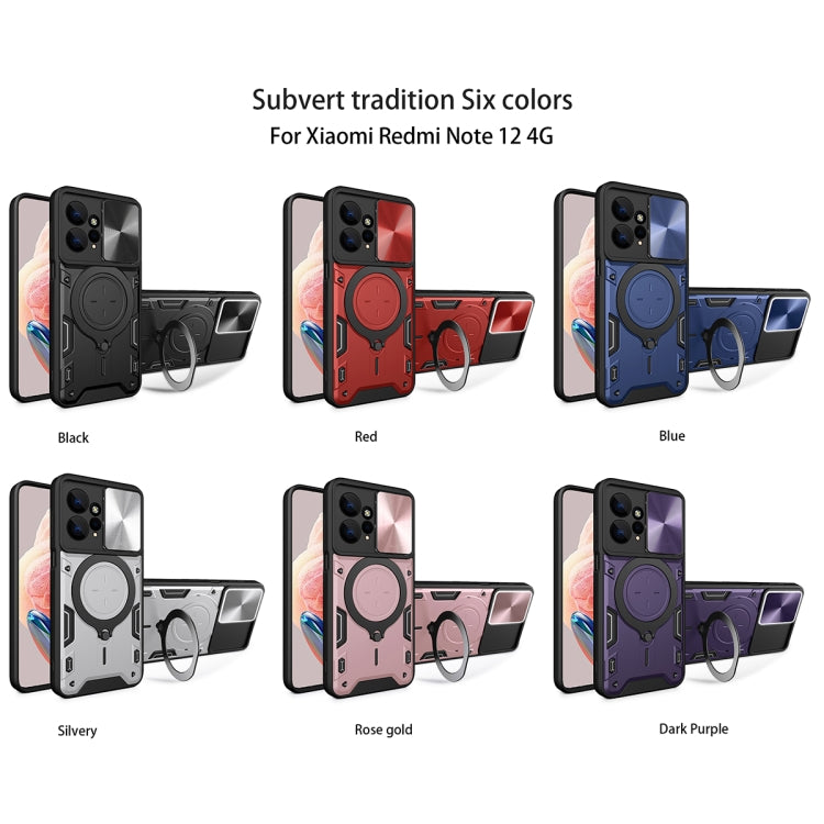 For Xiaomi Redmi Note 12 4G CD Texture Sliding Camshield Magnetic Holder Phone Case(Red)