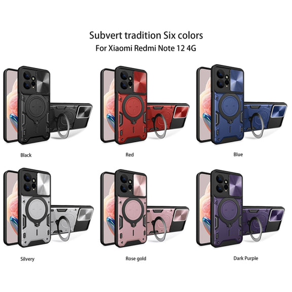For Xiaomi Redmi Note 12 4G CD Texture Sliding Camshield Magnetic Holder Phone Case(Red)