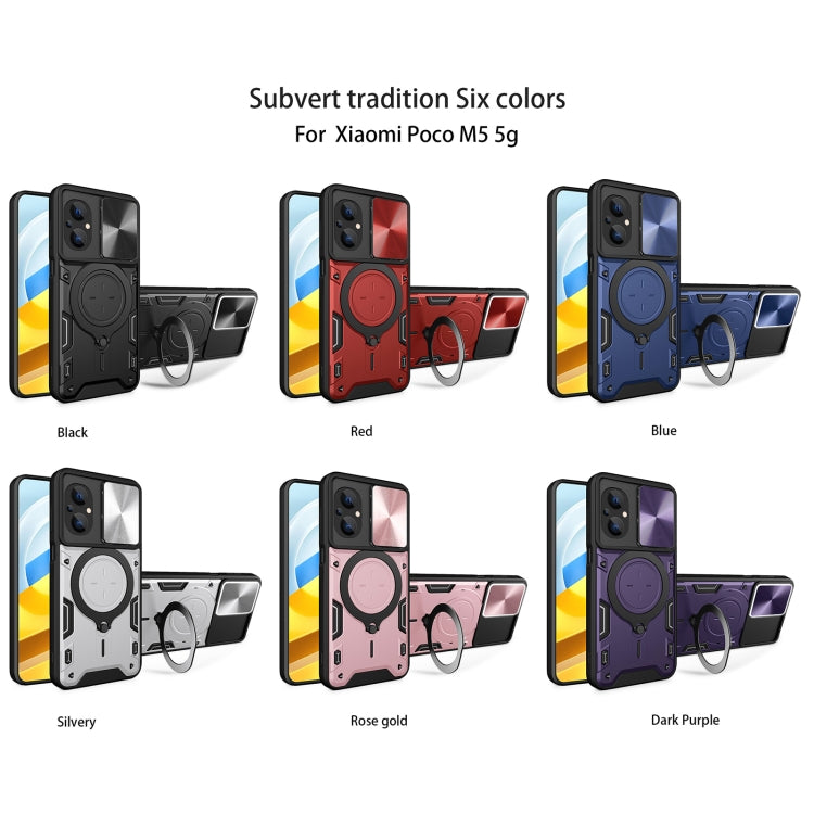 For Xiaomi Poco M5 5G CD Texture Sliding Camshield Magnetic Holder Phone Case(Blue)
