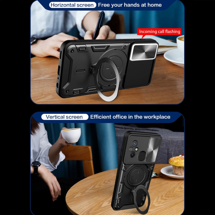 For Xiaomi Redmi 12C CD Texture Sliding Camshield Magnetic Holder Phone Case(Black)