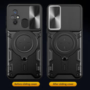For Xiaomi Redmi 12C CD Texture Sliding Camshield Magnetic Holder Phone Case(Black)