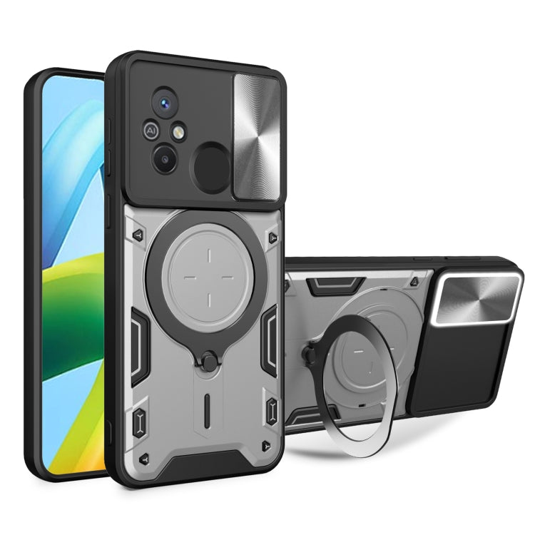For Xiaomi Redmi 12C CD Texture Sliding Camshield Magnetic Holder Phone Case(Silver)