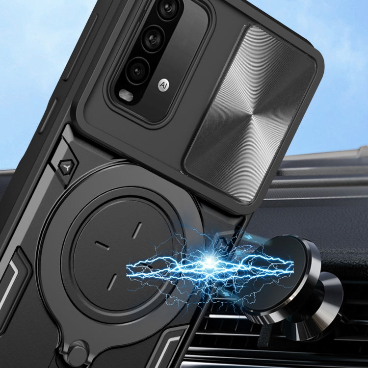 For Xiaomi Redmi Note 9 4G / Poco M3 CD Texture Sliding Camshield Magnetic Holder Phone Case(Black)