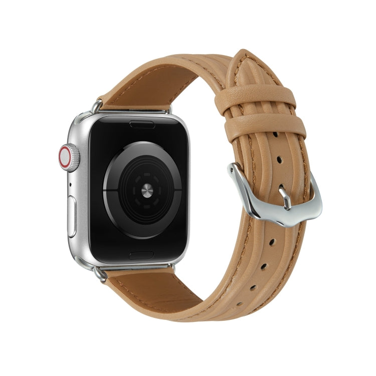 Embossed Line Genuine Leather Watch Band For Apple Watch 8 41mm(Khaki) - Watch Bands by PMC TechLife | Online Shopping South Africa | PMC TechLife