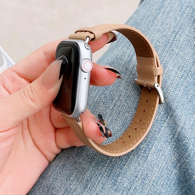 Embossed Line Genuine Leather Watch Band For Apple Watch 8 41mm(Khaki) - Watch Bands by PMC TechLife | Online Shopping South Africa | PMC TechLife