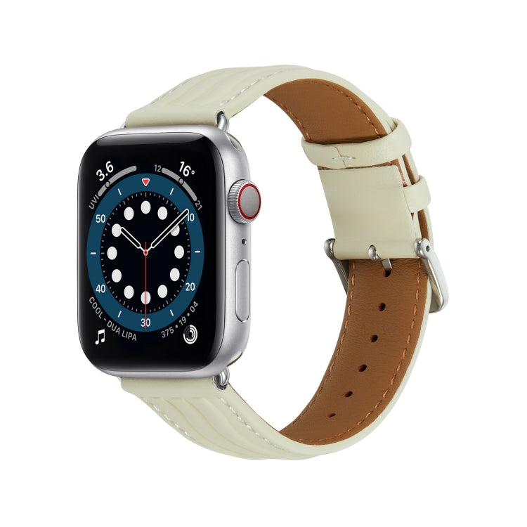 Embossed Line Genuine Leather Watch Band For Apple Watch 8 41mm(Milky White) - Watch Bands by PMC TechLife | Online Shopping South Africa | PMC TechLife