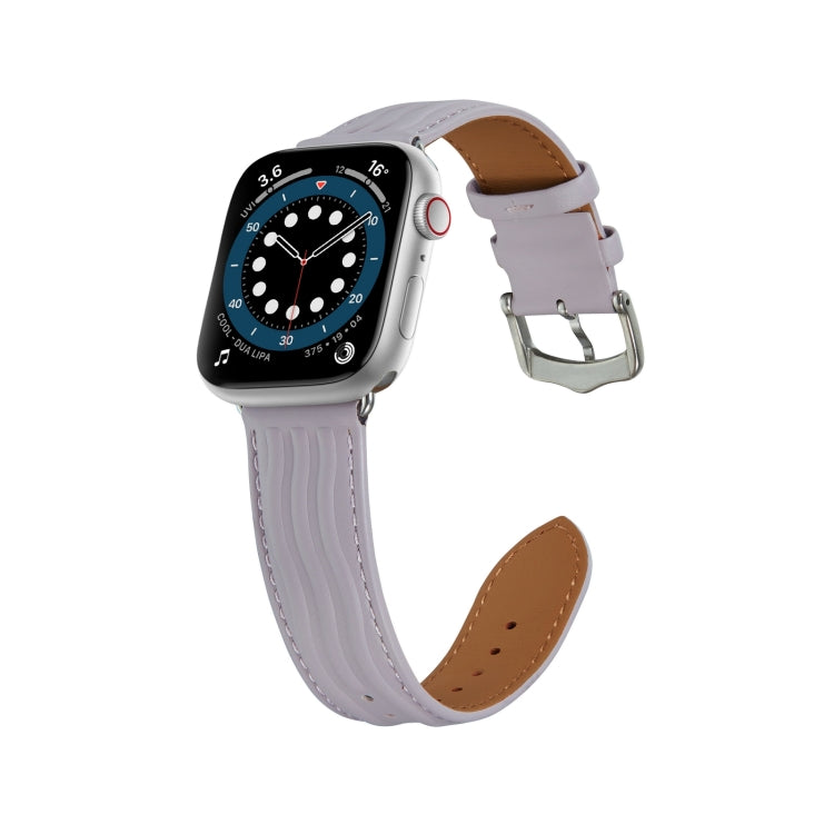 Embossed Line Genuine Leather Watch Band For Apple Watch 8 45mm(Lavender Purple) - Watch Bands by PMC TechLife | Online Shopping South Africa | PMC TechLife