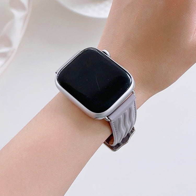 Embossed Line Genuine Leather Watch Band For Apple Watch 8 45mm(Lavender Purple) - Watch Bands by PMC TechLife | Online Shopping South Africa | PMC TechLife