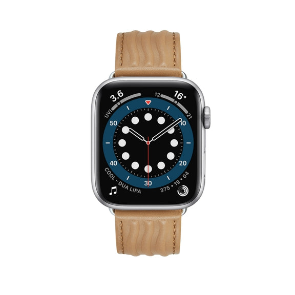 Embossed Line Genuine Leather Watch Band For Apple Watch SE 2022 44mm(Khaki)