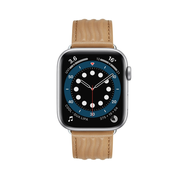 Embossed Line Genuine Leather Watch Band For Apple Watch 7 41mm(Khaki) - Watch Bands by PMC TechLife | Online Shopping South Africa | PMC TechLife